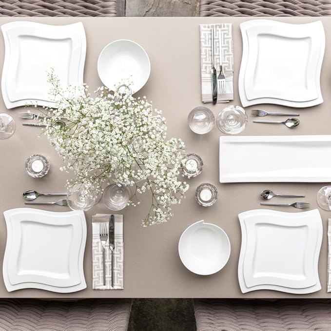 Villeroy & Boch New Wave 4-Piece Place Setting Dinner, Salad Plate, Bowl, and Mug – Premium Porcelain Dinnerware, White