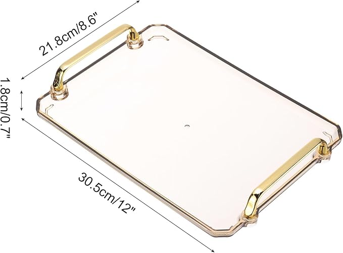 PATIKIL 12 x 8.6 Inches Plastic Serving Tray with Golden Handles, Reusable Tray Rectangular Party Platters for Dessert Coffee Tea Table, Living Room Kitchen Countertop, Amber