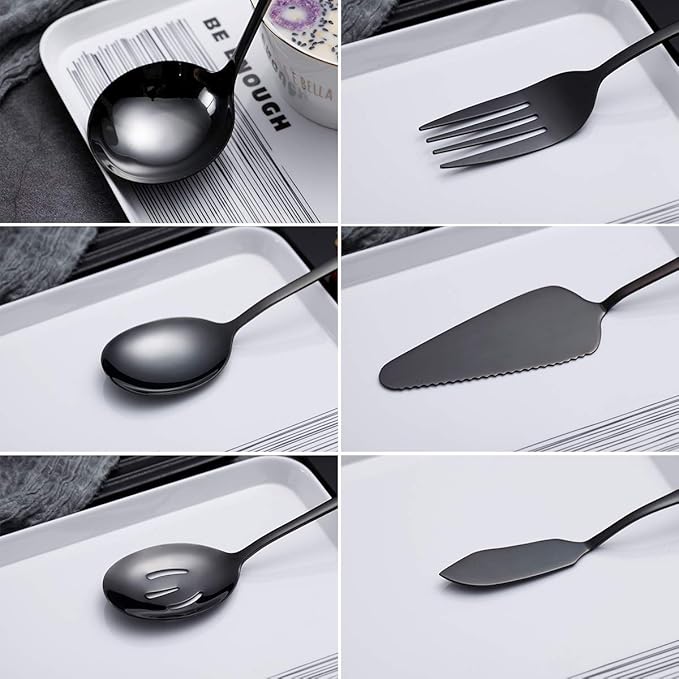 6-Piece Black Serving Flatware Silverware Set,Stainless Steel Serving Utensil Set,Include Cake Server, Slotted Serving Spoon, Serving Spoon, Cold Meat Fork, Butter Knife, Soup Ladle