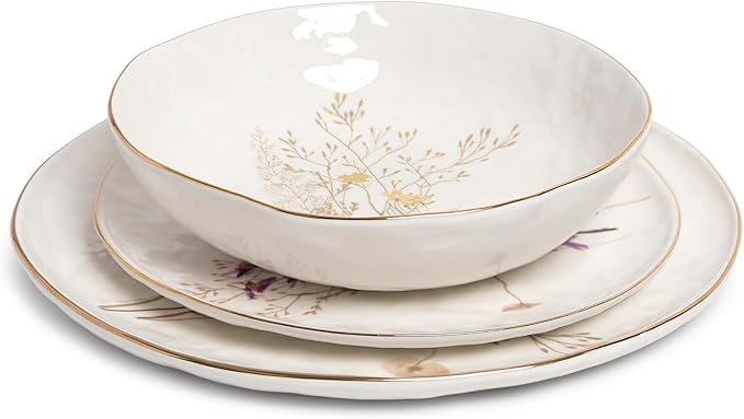 Sango 12-Piece Luxury Stoneware Dinnerware Set for 4- Glossy White Plates and Bowls Sets with Wildflower Patterns and Gold Rims, Ceramic Dish Set, Elegant Dishes for Everyday Dining, Gansevoort