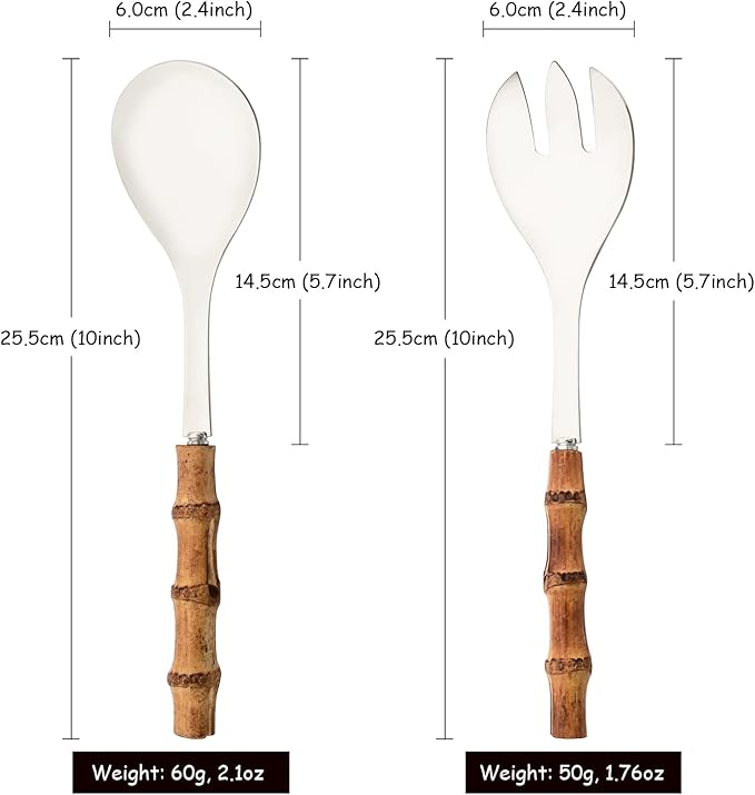 Salad Servers - 10.0 inch Serving Spoons and Forks Set of 6 - Include 3 Large Spoon and 3 Large Fork - Silver Stainless Steel Serving Utensils with Bamboo Handle