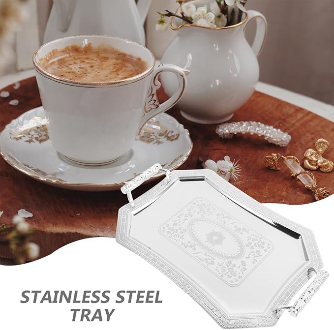 Milisten Binaural Tray Bread Plate Tray Stainless Steel Serving Plate Vintage European Style Metal Dessert Platter for Coffee Tea Cake Spaghetti Wedding Home Kitchen Restaurant, Antique Silver