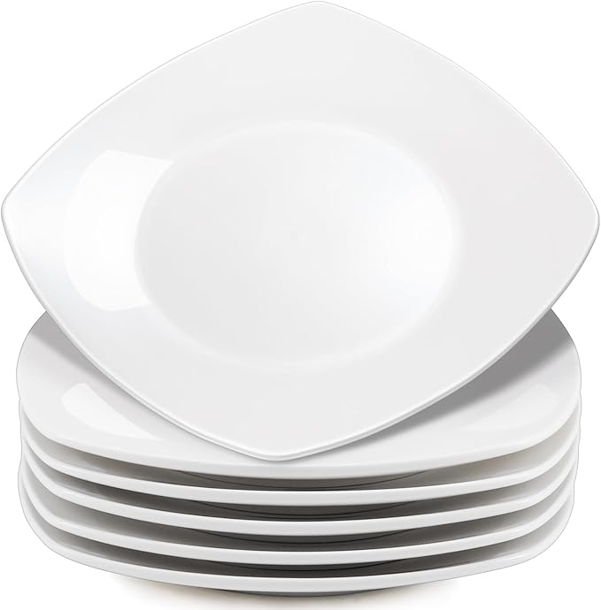 Blcculi 10.5'' Porcelain Dinner Plates,Set of 6 Square Dinner Plates,Porcelain Dessert Plate,White Square Serving Plate for Salad, Pasta, Steak,Snacks