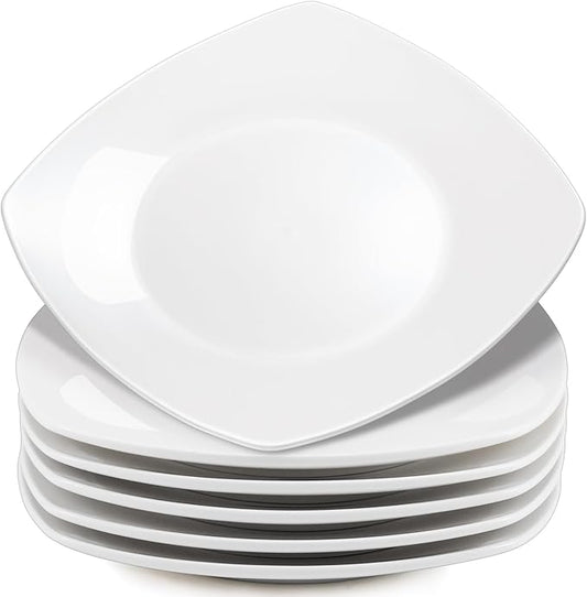 Blcculi 10.5'' Porcelain Dinner Plates,Set of 6 Square Dinner Plates,Porcelain Dessert Plate,White Square Serving Plate for Salad, Pasta, Steak,Snacks