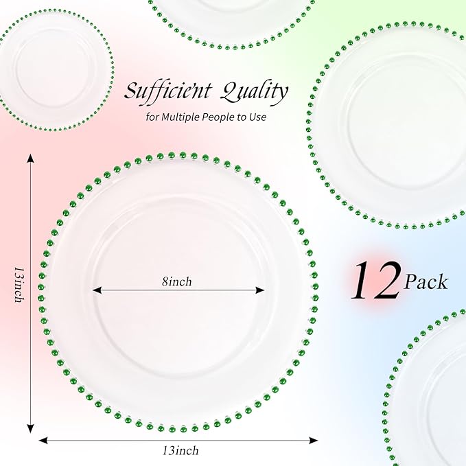 12 Pack Clear Charger Plates with Beaded Rim, 13 Inch Plastic Chargers for Dinner Plates Acrylic Round Tabletop Decoration for Home Kitchen Catering Wedding Table Event Party Dinner (Green)