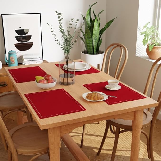 Encasa XO Placemats Set of 4 | Cotton Hemstitched Design | Red | Rectangular 19"x13" - Dining Table Mat | for Dining Table Fall Decoration, Holiday & Christmas Festivals - Machine Washable