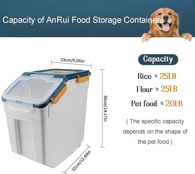 AnRui Airtight Flour Storage Container 25lb, Plastic Grain Storage Bucket, Rice Cereal Dispenser Organizer Box with Lid, Cat Dog Food Storage Bin with Measuring Cup, Scoop, Wheels, 2Pcs Blue
