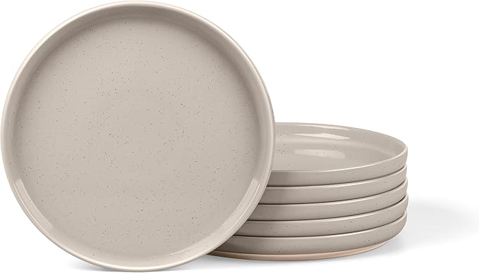 LIANYU 6Pcs Dinner Salad Plates Set, 7.75 Inch Stoneware Kitchen Dessert Flat Plate, Small Ceramic Serving Dishes for Dessert and Appetizer, Stackable, Oven, Microwave & Dishwasher Safe, Milky Brown