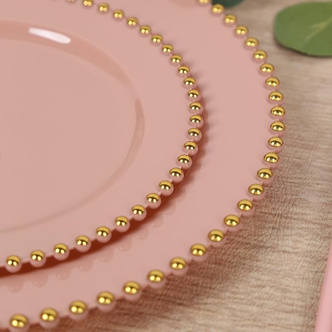 8" Salad Plates - Set of 10 - Plastic Dusty Rose Round Disposable Dessert Appetizer Plate with Gold Beaded Rim, Ideal for Dinner Party Wedding Bulk Events