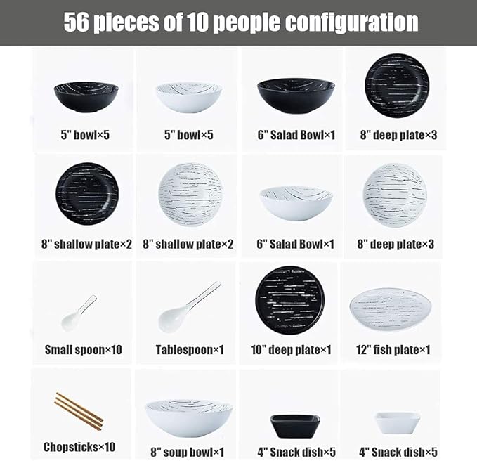 Stylish Dinner Plates,Ceramics Dinner Sets, 56 Pieces Porcelain Dinnerware Combination Set | Black and White Matte Plates and Cereals Bowls Sets for Family Gathering