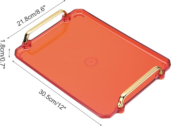 PATIKIL 12 x 8.6 Inches Plastic Serving Tray with Golden Handles, Reusable Tray Rectangular Party Platters for Dessert Coffee Tea Table, Living Room Kitchen Countertop, Red