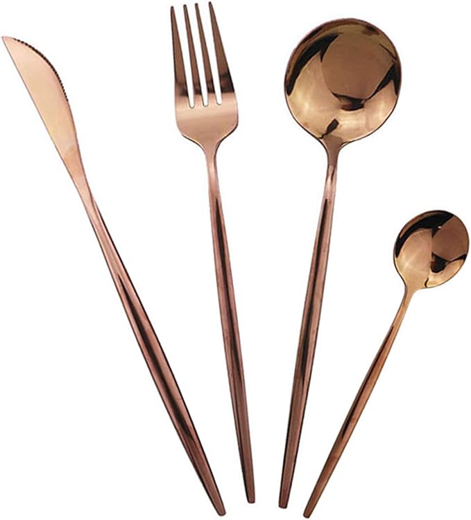 JASHII 24 Piece Titanium Rose Gold Plated Stainless Steel Flatware Set, 24 Piece Copper Silverware Set, Service for 6 (Shiny Copper)