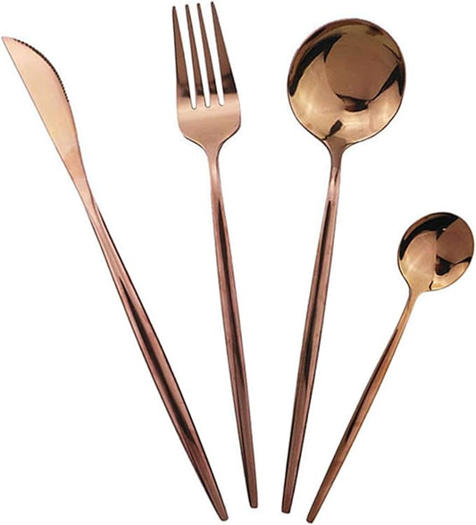 JASHII 24 Piece Titanium Rose Gold Plated Stainless Steel Flatware Set, 24 Piece Copper Silverware Set, Service for 6 (Shiny Copper)