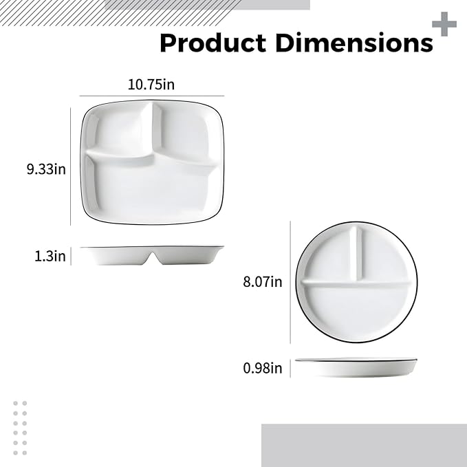 Portion Control Plate Set, 2 Pcs, White Ceramic With Black, 8.1 In & 10.7 In, Sectioned Diet Dishes