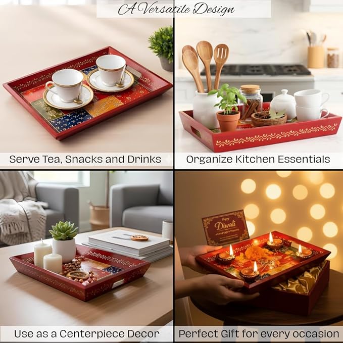 Swadeshi Blessings Handcrafted & Hand-Painted Embossed Wooden Serving Trays Set of 3- for Kitchen/Table & Home Decor/Dinning/Gifts/Restaurants/Living Room/Coffee Table (AntiqueRed)