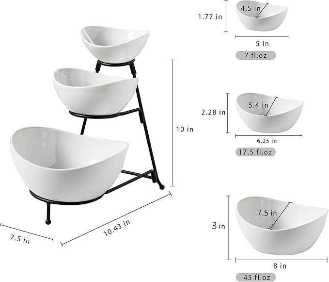 Gomakren 3 Tiered Oval Serving Bowl With Collapsible Metal Rack, Chip and Dip Serving Set, Dessert Appetizer, Candy, Fruit, Vegetable Bowl Set, Christmas Serving Bowls For Entertaining (Black Stand)