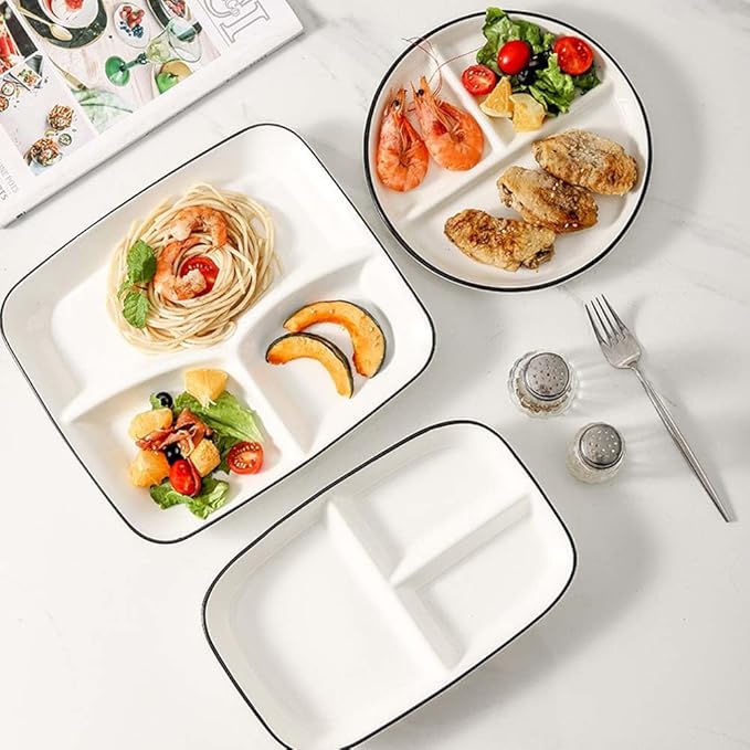 10inch Ceramic Divided Plates Set of 2,3 Compartment Portion Control Plate,Reusable Bariatric Plate for Adults,White Dinner Plates for Balanced Meal,Rectangular Porcelain Serving plates