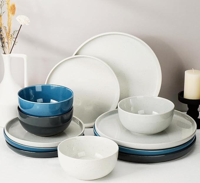 Kitchen Plates and Bowls Set Dinner Set for 4 Handpainted Dinner ware Sets, Microwave Safe Plates and Bowls Sets Stone Plate Scratch Resistant (Galaxy Mist)