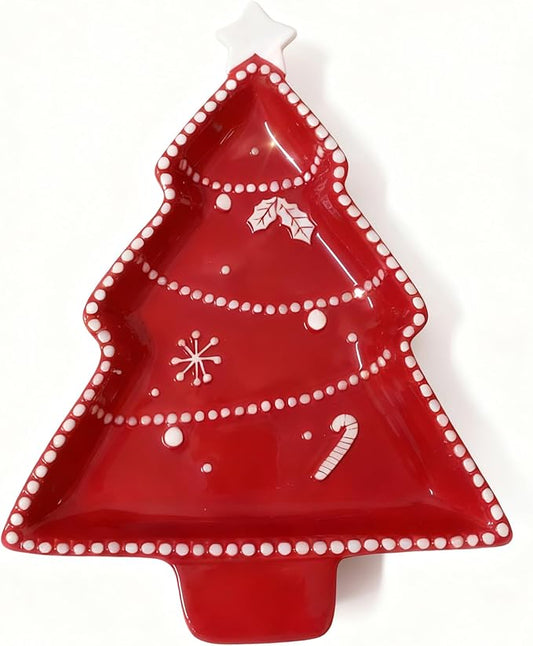 12 Inches Snacks Appetizer Trays Set, Christmas Tree Dessert Porcelain Serving Dishes, Snack Platter, Food Cereal Salad Tray, Red Xmas High Relief Ceramic Plate - Star