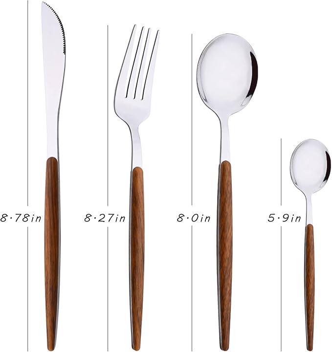 24-Piece Silverware Set for 6, Silver Mirror Polished Stainless Steel Flatware Set, Wooden Effect Handle Utensil Set for Home Hotel Restaurant, Family Cutlery Set Include Knife Fork Spoon