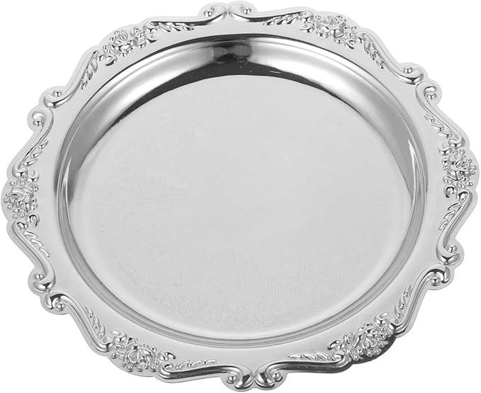 VICASKY 8 Inch Silver Metal Serving Tray - Elegant Platter for Food, Snacks, Jewelry Display & Home Decor, Vintage Style Dessert Tray with Handles (Silver, Heavy Duty)
