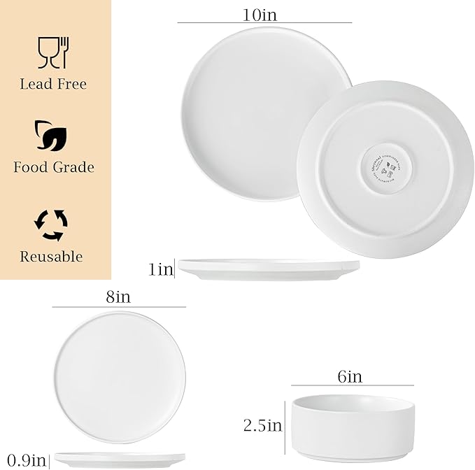 Plates and Bowls Sets, 6 Piece Ceramic Dinnerware Set for Family and Gatherings, Dishes Set for 2, Dishwasher & Microwave Safe, Handcrafted Stoneware Sets, Modern White
