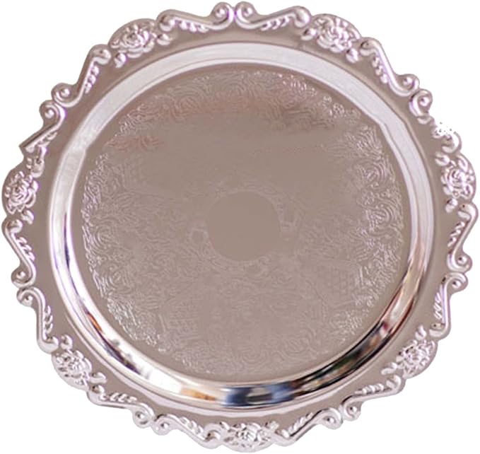 Round Fruit Plate, Metal Food Serving Tray Vintage Round Fruits Serving Platter Plates, Fruit Tray Dessert Cake Decorative Disk for Cakes, Desserts, and Baked Goods Wedding Holiday Party(Silver)