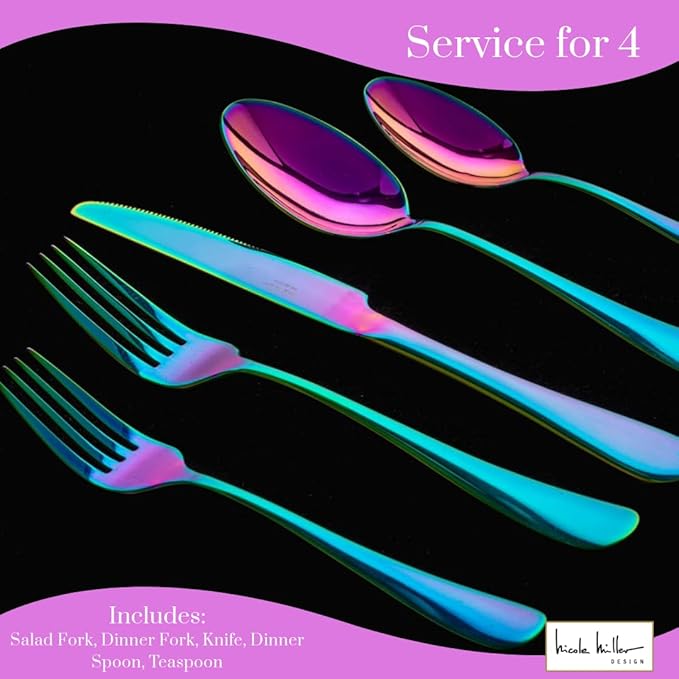 Nicole Miller 20-Piece Rainbow Flatware Set - Modern Stainles Steel Kitchen Utensils For A Stylish Dining, Service for 4