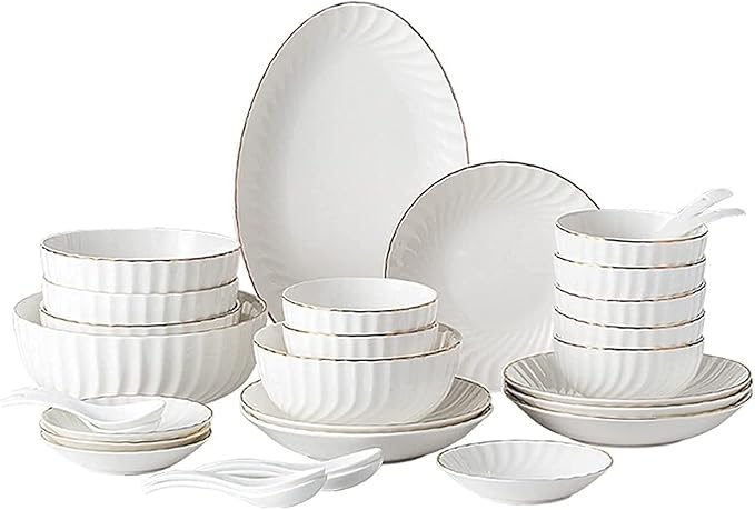 32-Piece White Dinnerware Sets, Modern European Dinner Plate and Bowl Set, Table Service for 6-8, High-end Tableware Set