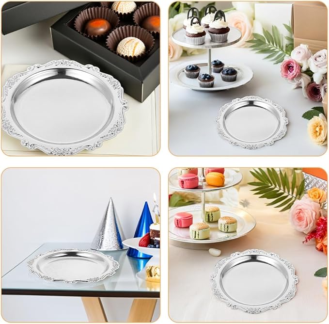 LOGOFUN 2pcs Vintage Iron Snack Tray Elegant Silver Dessert Plate Jewelry Holder Luxury Serving Dish for Home Decor Family Parties 15cm