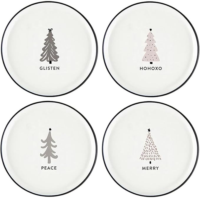 Santa Barbara Design Studio 4-Piece Christmas Appetizer Plate Set White Ceramic Small Plates, 5.25" Diameter, Glisten