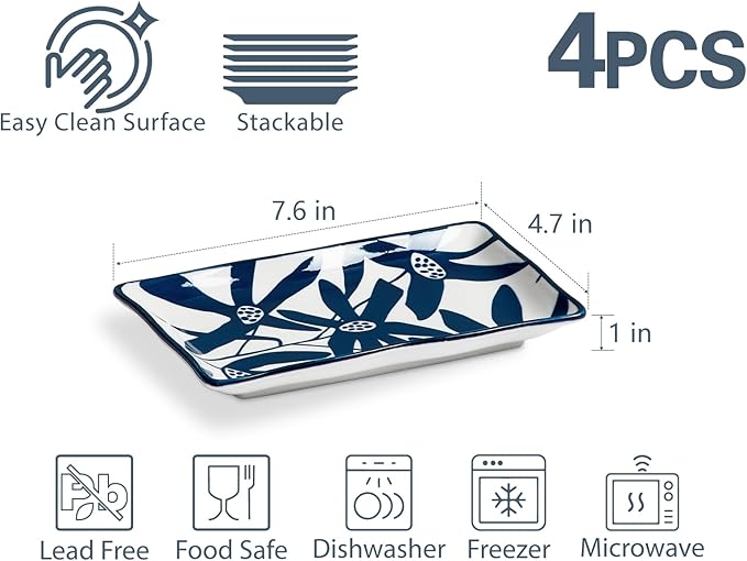 ONEMORE Appetizer Plates Set of 4, 7.5 in Small Serving Plates, Porcelain Rectangular Platters for Dessert Salad Sushi, Blue and White Dinner Plates Microwave Oven & Dishwasher Safe, Scratch Resistant