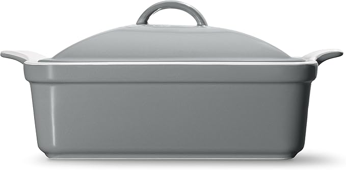 Stoneware Casserole Dish Bakeware with Lid | Covered Square Dinnerware | Medium 2 Quart, [Modern Grey]