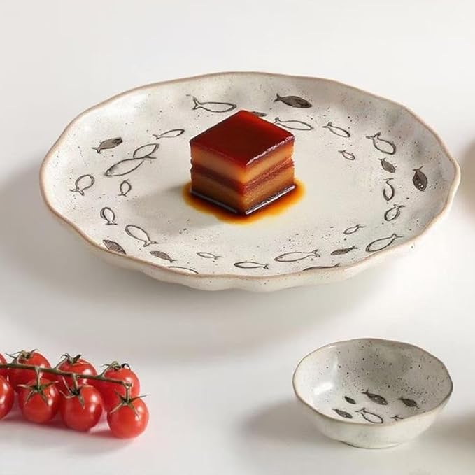 YEWUDHOM Japanese Ceramic Dinner Plates Set of 4,Japanese Porcelain Plates with Fishes Pattern Design,Ceramic Plate for Steak,Salad,Pasta,Dessert,Perfect for Party,Wedding,Home Kitchen