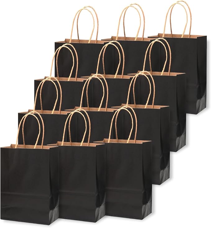 qiqee 30-Packs Black Gift Bags with Handles Bulk 4.5"x2.5"x6" Mini Size Kraft Party Paper Bags