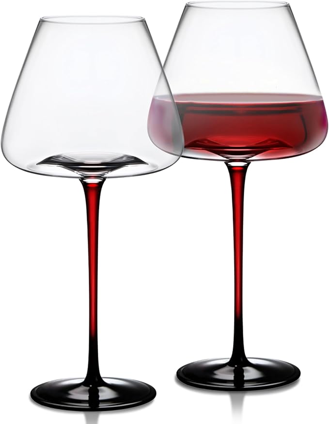 LEMONSODA Concave Champagne & Wine Glasses - Modern Red Stem & Black Bottom for Sparkling Wine, Rosé, Prosecco, Champagne – Handcrafted Barware, Perfect for gift (24oz, Set of 2)