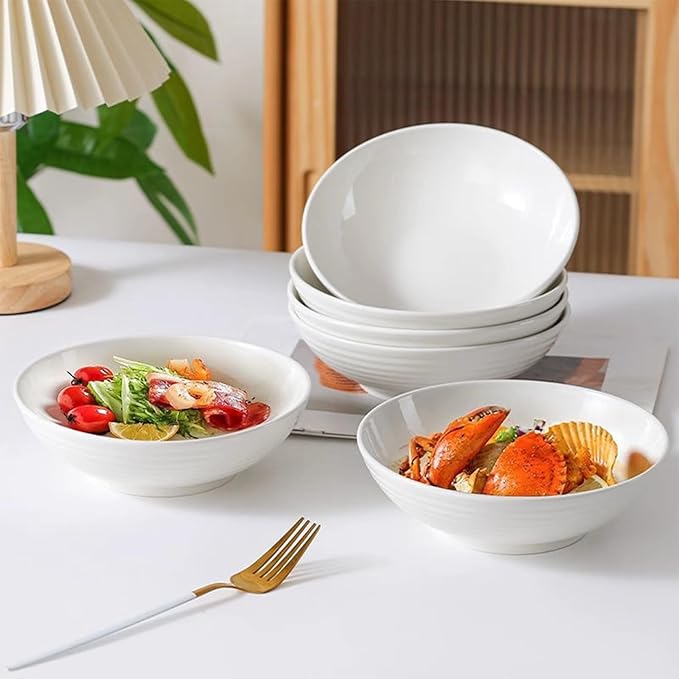 33 oz Ceramic Pasta Bowls, 7" White Pasta Plates, Large Serving Bowls Set of 4, Wide & Shallow, for Serving Salad, Soup, Noodle, Cereal, Microwave & Dishwasher Safe