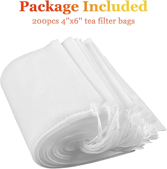 Yzurbu 200pcs 4''x6'' Tea Filter Bags for Loose Leaf Tea, Tea Bags with Drawsting for Hot Tea, Ice Tea & Cold Brew