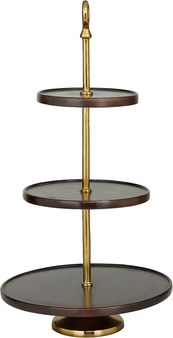 Deco 79 Mango Wood 3 Level Tiered Server with Gold Stand, 15" x 14" x 26", Dark Brown