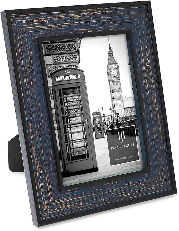 Isaac Jacobs 5x7 Navy w/Gold (Vertical & Horizontal) Double Border Picture Frame w/Black Fabric Easel, Wall-Mountable, Made for Tabletop & Gallery, Home or Office (5x7, Navy W/Gold)