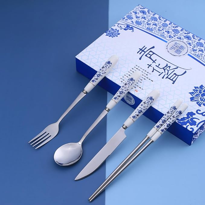 Luxshiny Blue and White Porcelain Flatware Set – Stainless Steel Fork, Spoon, Knife, and Chopsticks – Household Flatware Serving Kit for Home Dining and Party Use, 4pcs Tableware Set