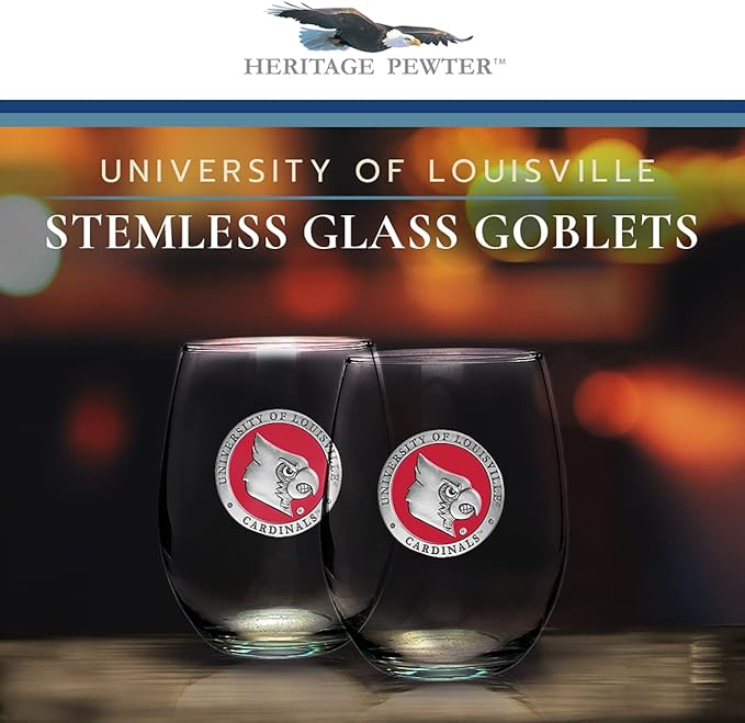 Heritage Pewter Louisville Cardinals Stemless Glass Goblets – Set of 2 | 15 OZ Goblet Wine Glasses | Expertly Crafted Pewter Glass