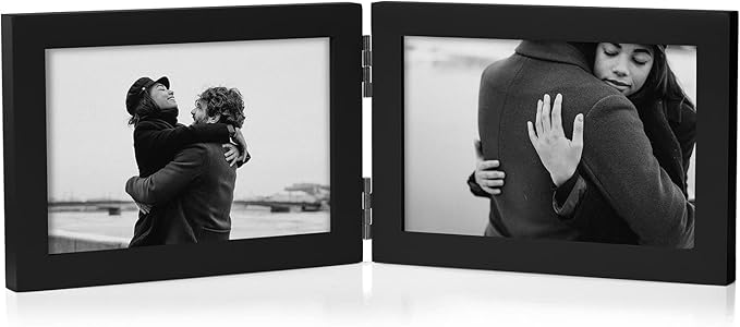 4x6 Double Horizontal Hinged Picture Frame Folding Photo Frame in Black Pine Wood with Real Glass for Tabletop P-HEI-2H46