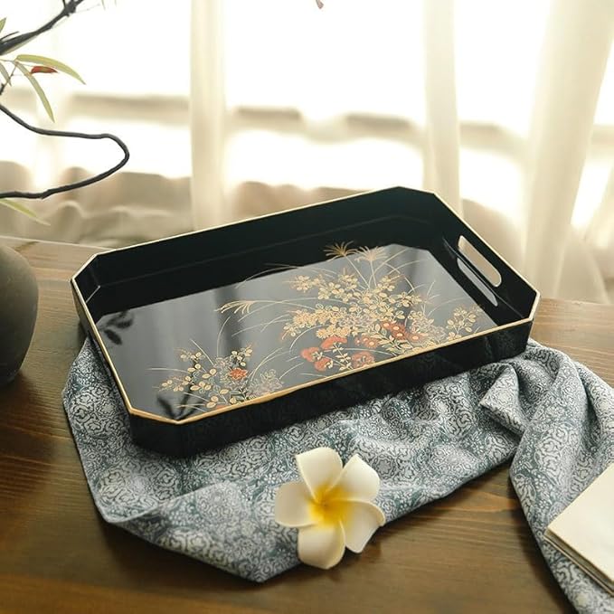 SABALON Foodtray Front Heavy Lacquerware Long Hand Tray Japanese Style Hand-Painted Fruit Wedding Housewarming Gift Tea Dining Serving(B)