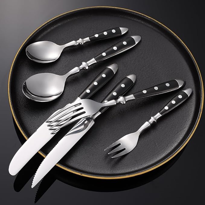 Rivet Handles Black Silverware Set Flatware Set for 14 Utensil Sets Forks Spoons And Knives Set Ergonomic Durable Polished Thanksgiving Christmas Essentials Family Gatherings Brand Packaging 84PCS