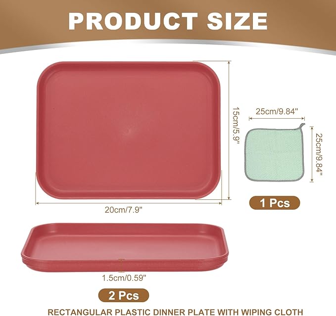 PATIKIL 7.9x5.9 Plastic Tray, 2 Pack Rectangular Plates Small Food Tray Wheat Plates Dishes Reusable Dessert Plate Trays with Cloth for Cake Fruits Salad Cupcake Steak Serving Dark Red