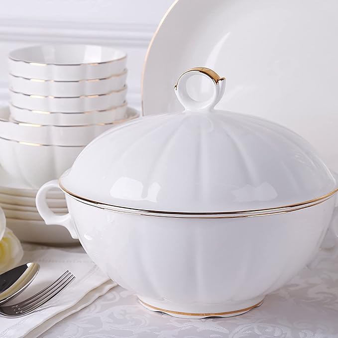 56 Pieces Dinnerware Set for 12 People, Porcelain Bone China Kitchen Dinning White Round Dinner Tableware Combination Set with Cereal Bowls Dessert Plates Dishes and Soup Pot,