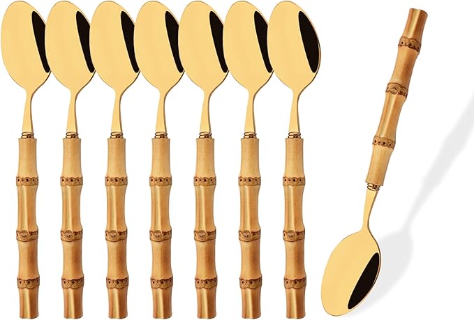 Stainless Steel Flatware Set, Bamboo Handle Silverware Set, Reusable Eating Utensils for Home Kitchen and Restaurant, Modern Gold Cutlery Set, 8 Pieces Dinner Spoons