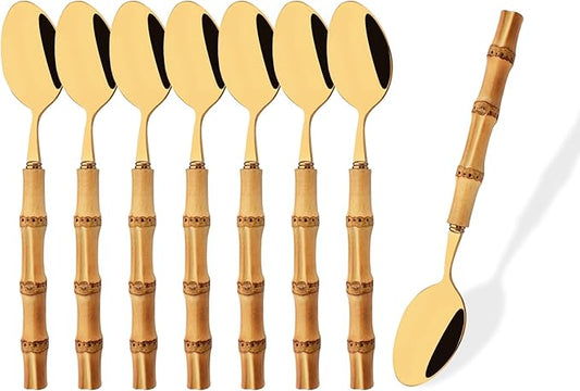 Stainless Steel Flatware Set, Bamboo Handle Silverware Set, Reusable Eating Utensils for Home Kitchen and Restaurant, Modern Gold Cutlery Set, 8 Pieces Dinner Spoons