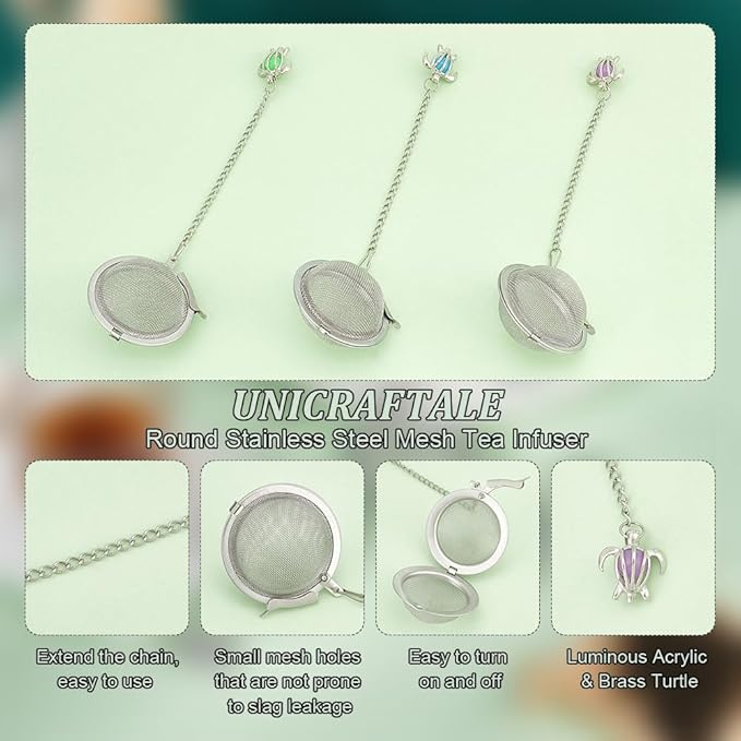 UNICRAFTALE 3 Sets Round Tea Infuser Loose Tea Strainer Turtle Shaped Stainless Steel Loose Leaf Tea Ball Mesh Cute Pendant Tea Strainer Set for Brew Tea, Spices & Seasoning